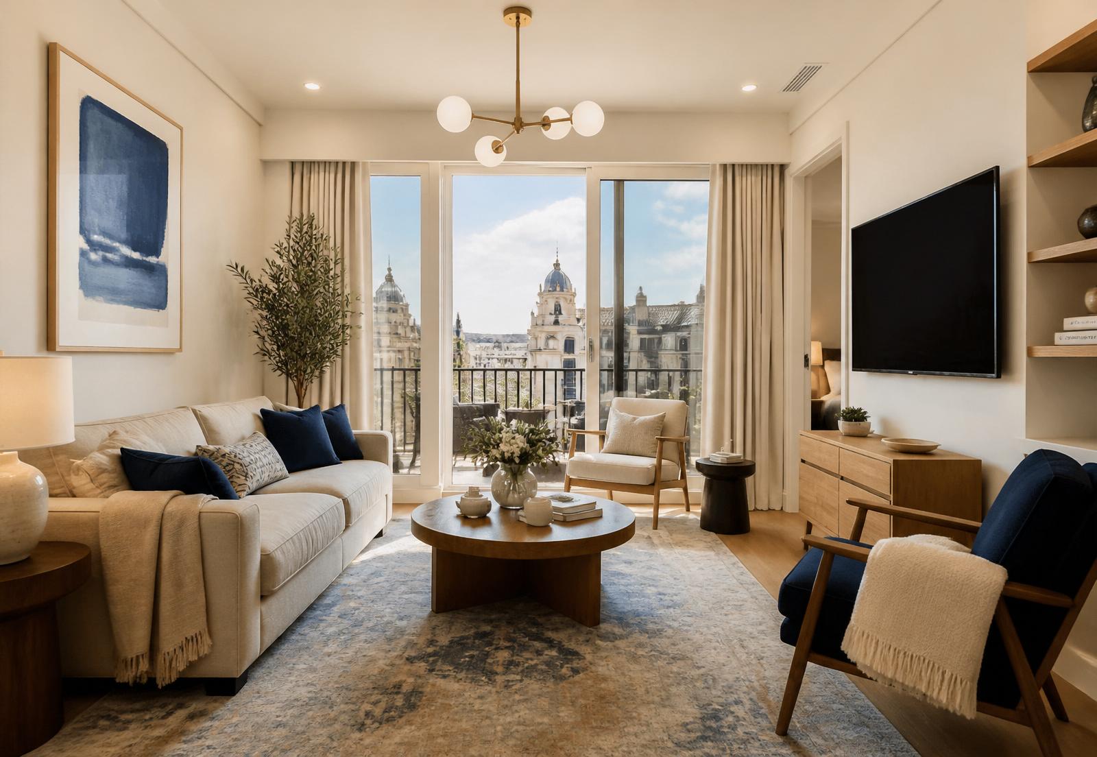 Elegantly refurbished boutique apartment with royal blue accents